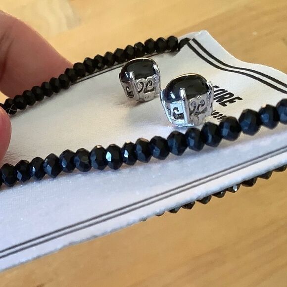 𝅺STERLING SILVER 925 BLACK ONYX/WHITE ZIRCON NECKLACE/STUD EARRINGS SET​​ - Picture 7 of 8